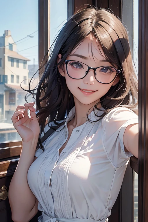 quality、masterpiece、High sensitivity、 high definition 、 detailed description 、 depicting a delicate face )), Slender woman、Glasses、Opening the window、 hair flutters in the wind、 with a smile、A pleasant morning、