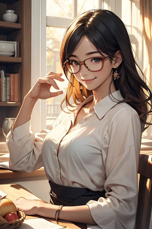 quality、masterpiece、High sensitivity、 high definition 、 detailed description 、 depicting a delicate face )), Slender woman、Glasses、Opening the window、 hair flutters in the wind、 with a smile、A pleasant morning、