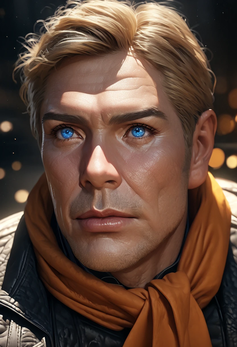 a blonde handsome man, detailed face, beautiful blue eyes, beautiful detailed lips, extremely detailed face and features, long eyelashes, orange scarf, full body shot, best quality, 4k, 8k, highres, masterpiece, ultra-detailed, realistic, photorealistic, photo-realistic, HDR, UHD, studio lighting, ultra-fine painting, sharp focus, physically-based rendering, extreme detail description, professional, vivid colors, bokeh, portrait