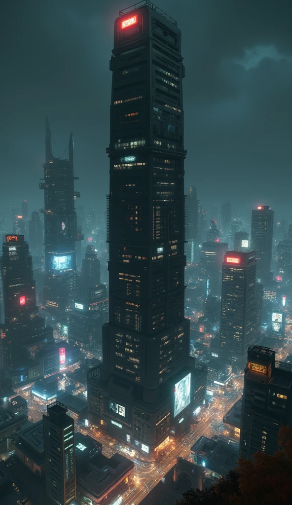 cyberpunk, sci-fi, huge metropolis by night, in the middle of city stand huge skyscraper that looks like dark tower, towers over the entire city with its height, tower have no windows so its look like big black spot on city panorama, The headquarters of the world's largest corporation, aidmaHyperrealism