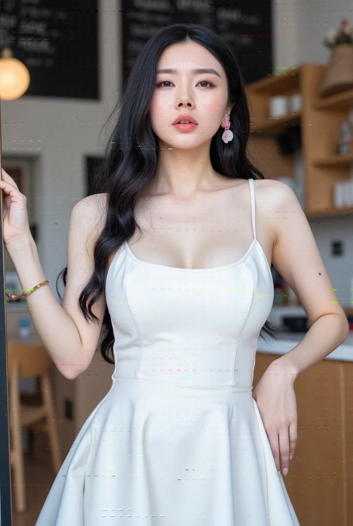 A young Asian woman stands confidently at the front of a coffee shop, her presence illuminated by soft overhead lighting. The vibrant white of her stunning wet mini flare dress shimmer against the neutral-colored walls and wooden furniture, as she poses with one hand resting on the edge of a chalkboard, conveying poise and intelligence.