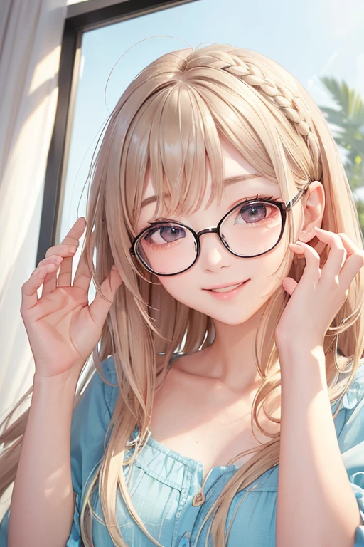 quality、masterpiece、High sensitivity、 high definition 、 detailed description 、 depicting a delicate face )), Slender woman、Glasses、Opening the window、 hair flutters in the wind、 with a smile、A pleasant morning、