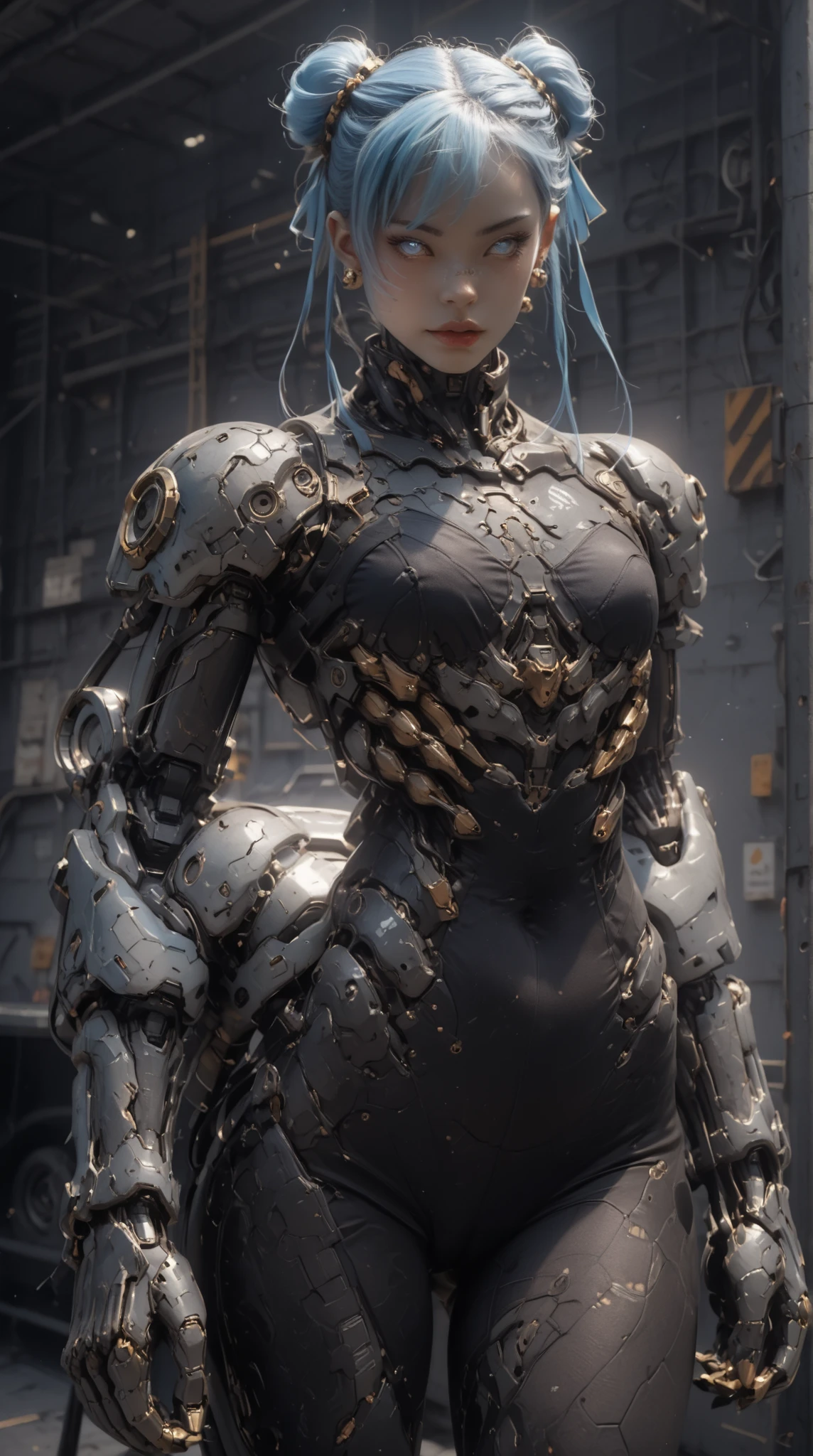 (nsfw:1), (Uncensored:1), score_9, score_8_up, score_7_up, (Three Quarters Shot), (1 girl), (Cyborg Chun-Li), beautiful teenage (skinny) muscular Asian cyborg girl, (bio-mecha:1.25), (mechanical Cyborg arms:1.65), (mechanical Cyborg jaw:1.25), ((skinny waist & torso:1.5)),  (blue glowing eyes:1.25), (black sclera:1.25), (beautiful face:1.25), (flat chest:1.25), (blue glowing hair:1.25), metallic, circuits, cables, bimbo lips, 2 hair buns,  high res, standing, hand bands, hand on hip, looking to the side, camel-toe,  gothic neon style, cyber punk style, super realistic image, arm0rpunkv4, CyberRealistic_Negative_PONY