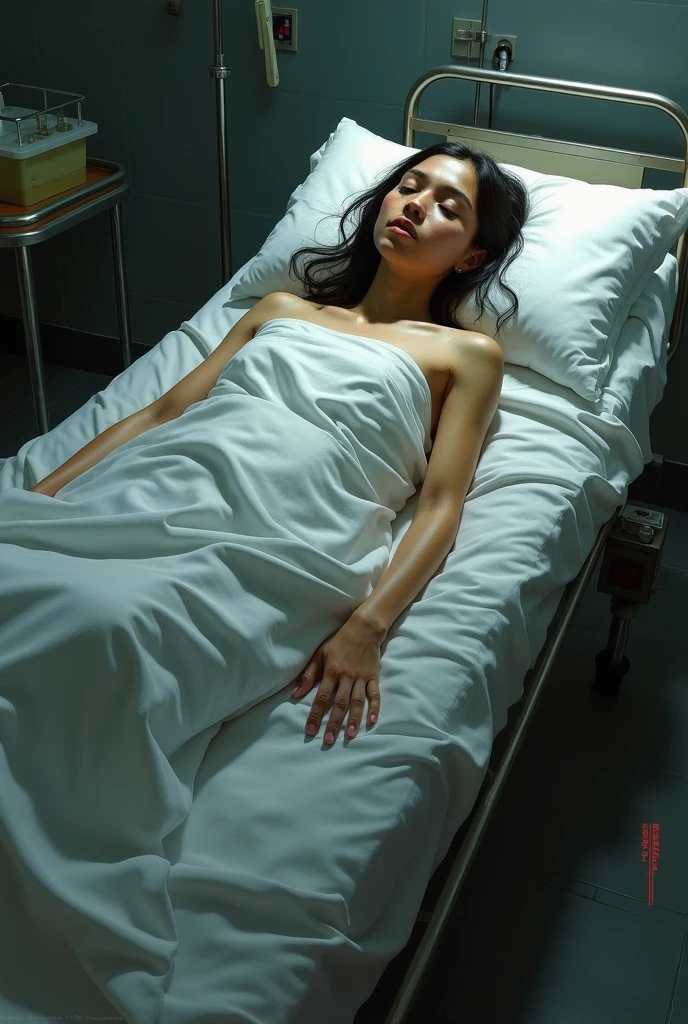 A Female robot is sleeping in bedroom, spread legs, nude, banzai pose. she wears no dress. She Brown short hair is tied with two big red clothespins, She lifts up the under hem of her white plain dress, leaning over, masterpiece, very short pigtails,brown hair, mature, android, blue eyes, full body figure, Height: 160cm, flushed cheeks, 2020s anime picture, A beautiful robot with short brown hair in two short pigtails held up by two very large huge red clothespins, Uplifting, No NSFW, whole body, barefoot, archaic smile, getting orgasm, 25 years old, sweat bucket. Her bowel is out from mouth.
