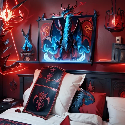 A beautiful bedroom, dragon themed, technological, cherry black and Blue colored, ultra defined,ultra inspired, masterpiece, 4k, uhd, aggressive design, beautiful 