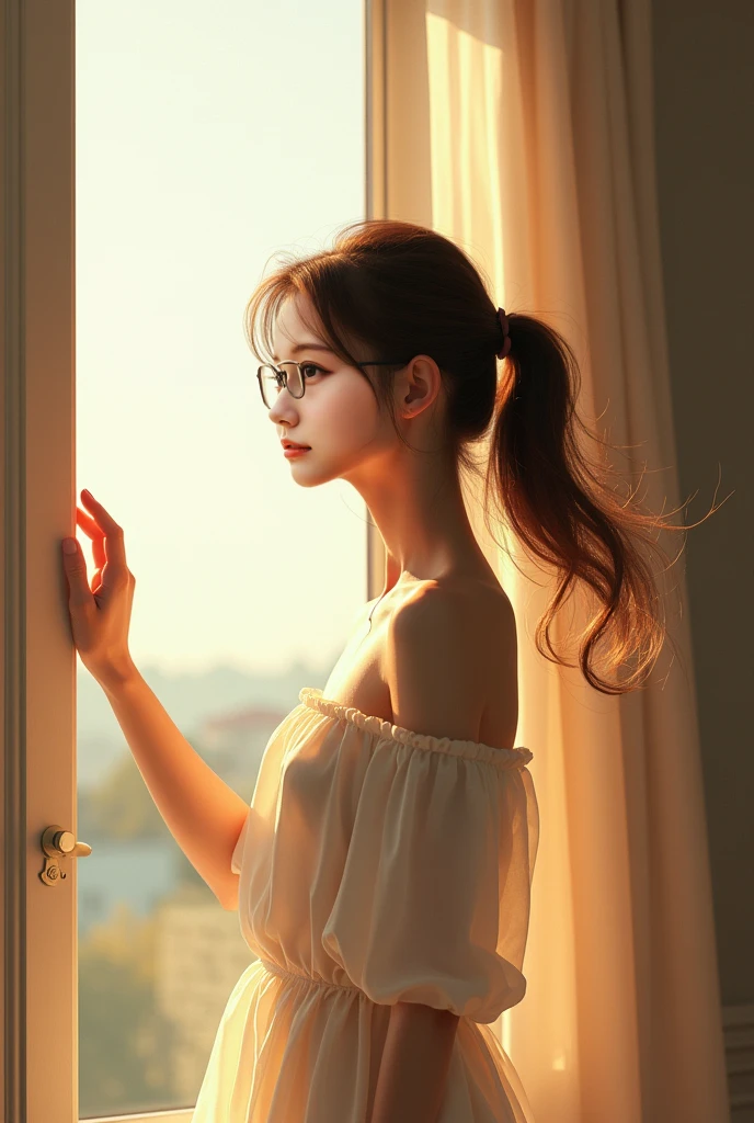 quality、masterpiece、High sensitivity、 high definition 、 detailed description 、 depicting a delicate face )), Slender woman、Glasses、Opening the window、 hair flutters in the wind、 with a smile、A pleasant morning、