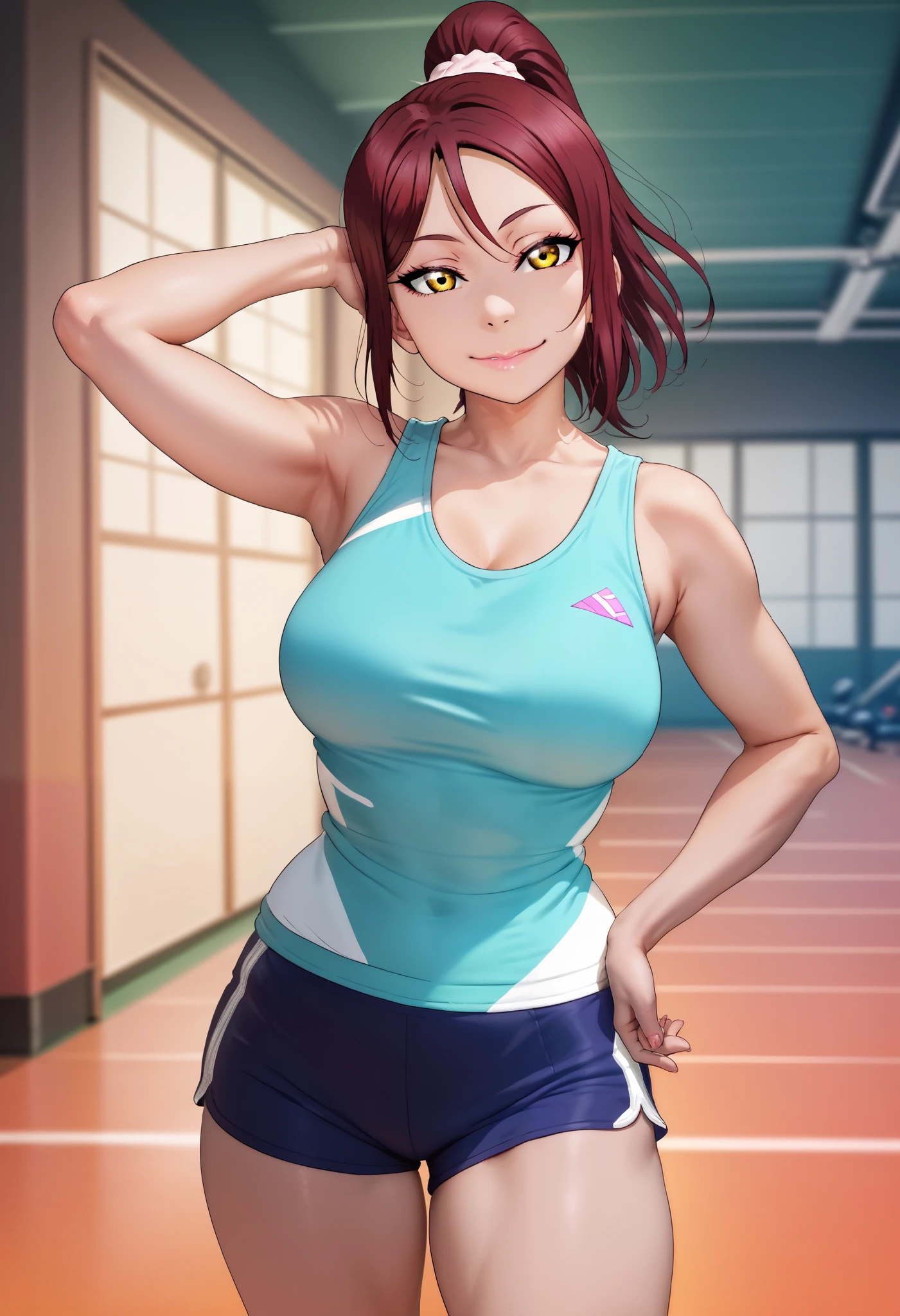 masterpiece, best quality,realistic anime art, solo, wearing sports clothes,large breasts ,dark red hair ,short sleeves, thighs,yellow eyes , sakurauchi riko love live , standing , looking at viewer,(lipstick:0.7),closed mouth, ponytail,half closed eyes , smile,layerd shorts,layerd tank top, right hand on hip, left hand up behind head,RUKIA Style