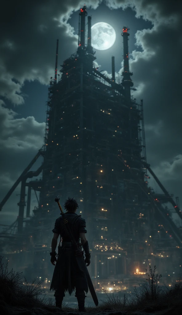 3D render of a man with a huge thick sword on his back, looking up at a tall black building at night. The man is very close to the camera. The building is emitting ominous spotlight from below, with huge pipes and structures letting out steam. The structure of the build is so massive that the ground structure of massive pipes extends to the area where the man is standing. The night sky is bright but full of clouds. The color is bright and sharp, with ample light to show the details of the man's sword and the building's facade.