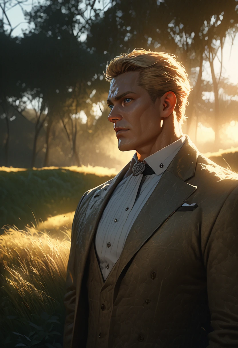 a handsome blond haired man, beautiful blue eyes, extremely detailed facial features, chiseled jawline, perfect skin, muscular physique, cinematic lighting, dramatic backlighting, highly detailed 8k, photorealistic, hyper detailed, ultra realistic, high quality, masterpiece, dramatic cinematic lighting, natural glowing skin, detailed facial features, elegant formal attire, standing in a serene outdoor landscape, golden hour lighting, lush green foliage, picturesque environment, stunning realistic visuals, vivid colors, photographic quality