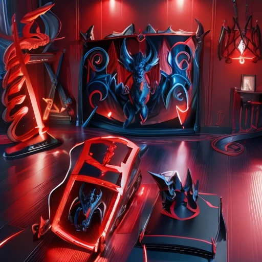 A beautiful bedroom, dragon themed, technological, cherry black and Blue colored, ultra defined,ultra inspired, masterpiece, 4k, uhd, aggressive design, beautiful 