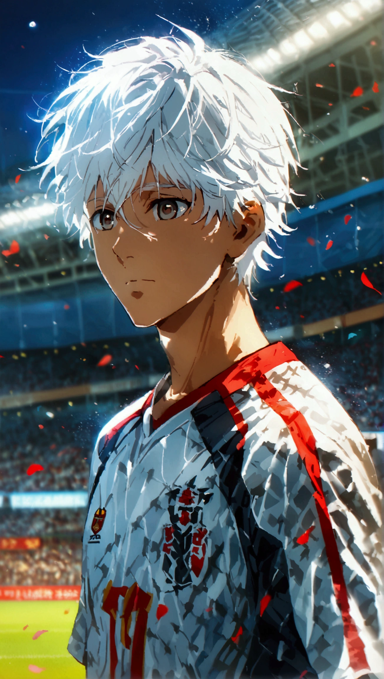  Make a character with white hair and brown eyes and wearing the Japan under-20 jersey playing soccer in a crowded stadium , What pose he will take and him dominating the ball in the air while the stadium audience sees him .
Necessary,  lines of motion , anime,  anime style , 