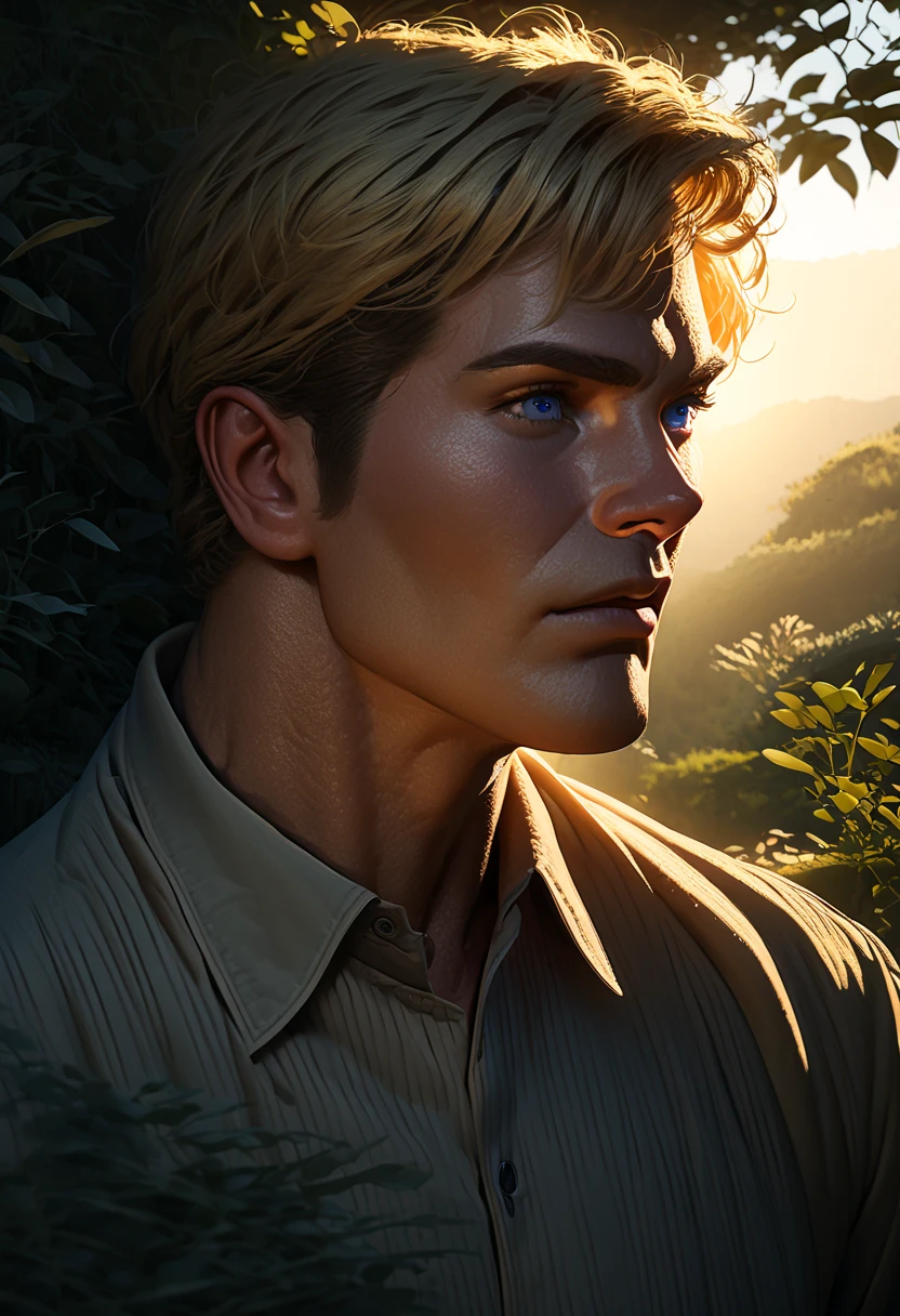 a handsome blond haired man, beautiful blue eyes, extremely detailed facial features, chiseled jawline, perfect skin, muscular physique, cinematic lighting, dramatic backlighting, highly detailed 8k, photorealistic, hyper detailed, ultra realistic, high quality, masterpiece, dramatic cinematic lighting, natural glowing skin, detailed facial features, elegant formal attire, standing in a serene outdoor landscape, golden hour lighting, lush green foliage, picturesque environment, stunning realistic visuals, vivid colors, photographic quality, Kissing a Daphne Blake