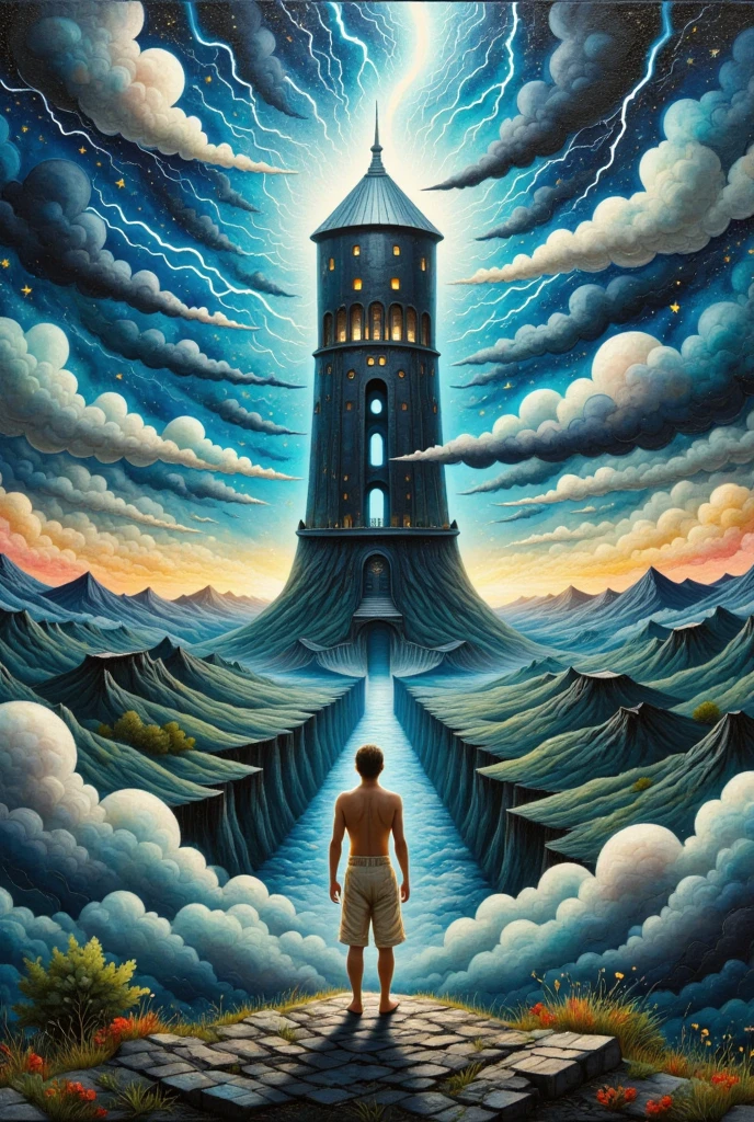  oil painting art , disaster々Shiny black tower ,  it catches lightning and makes the silhouette emerge, Deep Valley ,  dark clouds can set in the sky ,  lightning falls many times from the dark clouds ,  daikon stands on a cliff ,  back view, Looking at the tower