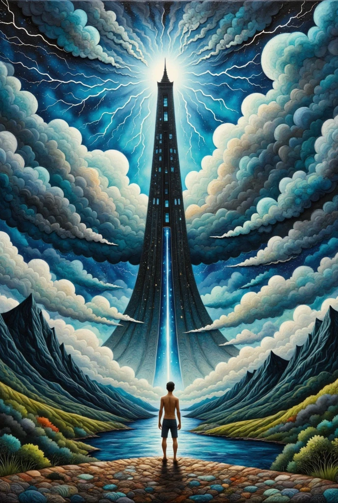  oil painting art , disaster々Shiny black tower ,  it catches lightning and makes the silhouette emerge, Deep Valley ,  dark clouds can set in the sky ,  lightning falls many times from the dark clouds ,  daikon stands on a cliff ,  back view, Looking at the tower