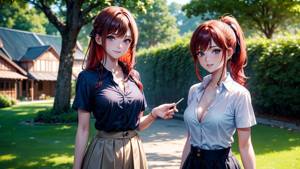 2girls, summer, trees, water, house, fantasy landscape, red hair, brown hair, ponytail, large full , button down, dark blue eyes, ((dark blue silk shirt)), ((short sleeved shirt)), ((unbuttoned shirt)), ((unbuttoning shirt)), (), checked skirt, grin, looking at the viewer, standing, hair ribbon, golden necklate, perfect quality, clear focus (clutter-home: 0.8), (masterpiece: 1.2) (Bokeh) (Best quality) (Detailed skin: 1.3) (Intricate details) (8K) (Detail eyes) (Sharp focus)