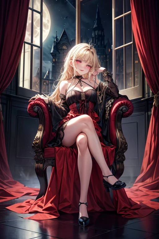 (((top-quality, masterpiece))), (best quality), (detailed), light layer, depict young girl, teenage girl, happy, smiling, red lipstick, highly detailed beautiful face, delicate girl, delicate face, beautiful face, blonde straight hair, deep blue eyes, (((small breasts))), nice hips, flat belly, slim waist, defined chest, defined collarbone, ultra realistic, photorealistic, detailed, ,Enhance, ((sofisticate red lace pretty princess dress)), frills and ribbons, black lace stocking, lace gloves, golden tiara, jewelery, white spotlight, (sitting in a luxurious throne), cinematic shadow, extremely detailed and beautiful background, warming atmosphere