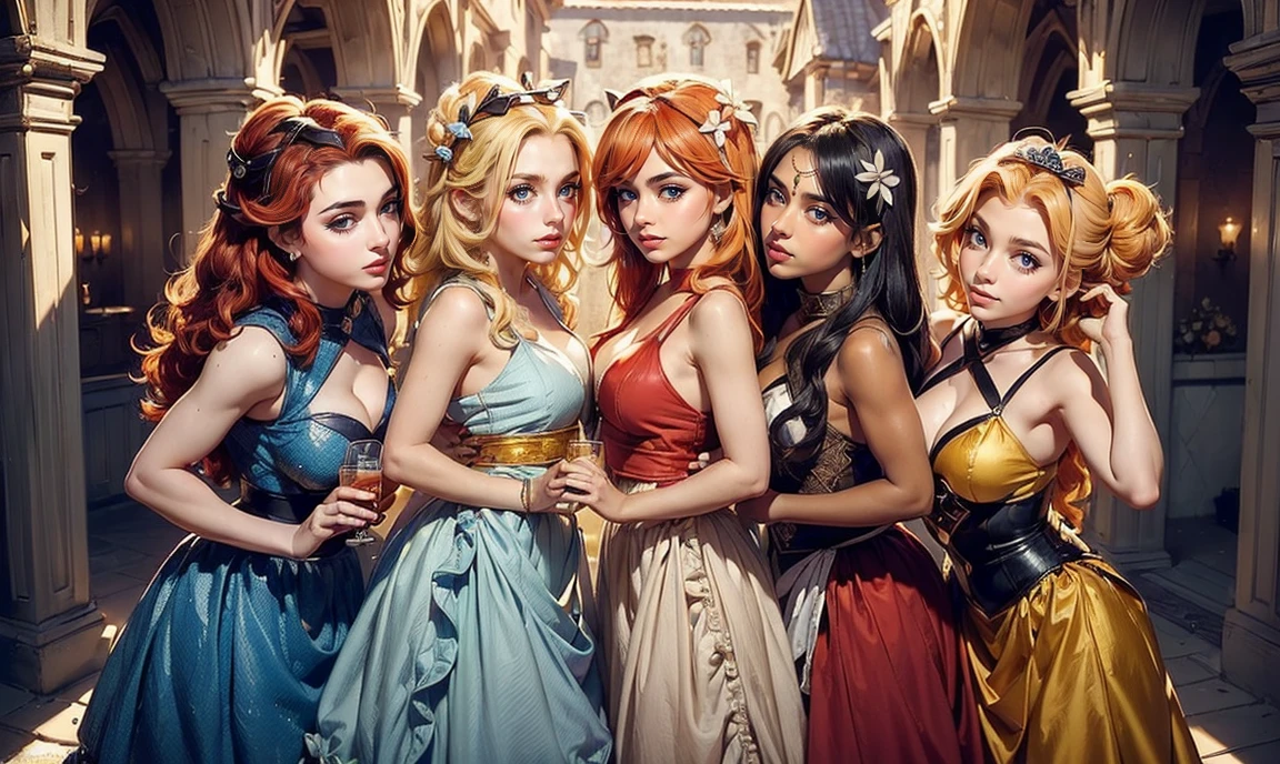 fantasy setting. close up. (((standing bunched together:1.5))), ((3 unique lovely cheeky mischievous princesses:1.5)), mischievous personalities, ((each with a cheeky mischievous expression on face:1.5)), (((each with a unique natural hair colored:1.5))), ((red hair)), ((blond hair)), ((black hair)), (((each with unique natural eye color:1.5))), wearing elaborate tasteful flowing floral gowns, ((looking straight at the camera with a sly look:1.5)), pretty castle ruins background.
