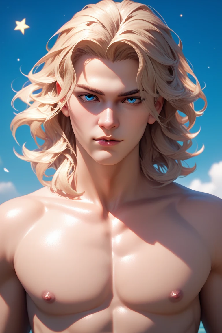  Blond man with blue eyes ,  medium length hair , naked torso,  Perfect Anatomy ,  star wanderer,  Courageous,  beautiful , 4K,  high quality,  detailed ,  masterpiece fails