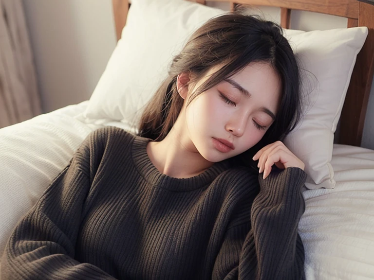 20 year old girl、Deep sleep、Open the opening slightly when wearing a sweater,  closed eyes,  frowns, Sleeping Position、 high definition ,  anatomically correct, 最 High Quality ,  High Definition Model ,  high detail,  inviting ,  High Quality , 