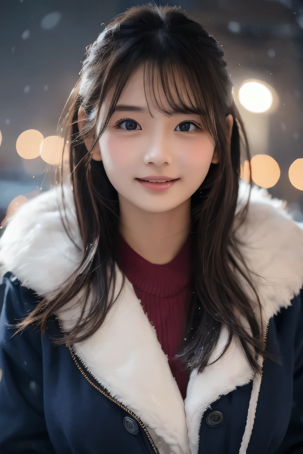   top quality、   super high resolution  、Big Breasts、   perfect face、   beautiful expression   、  facial beauty、     beautiful eyes  、  young woman 、snow、Lodge、cold、 smiles、 Christmas