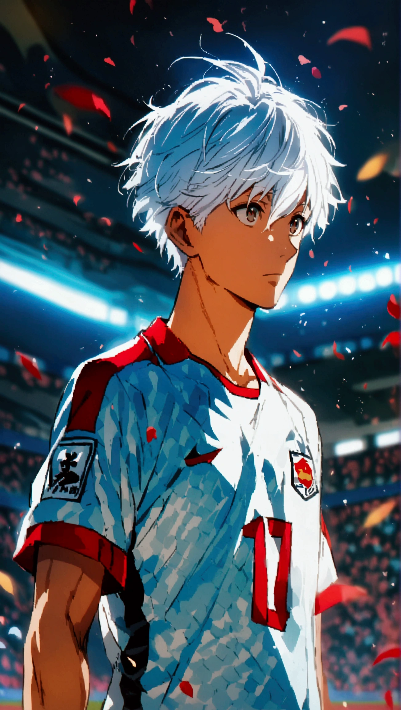  Make a character with white hair and brown eyes and wearing the Japan under-20 jersey playing soccer in a crowded stadium , What pose he will take and him dominating the ball in the air while the stadium audience sees him .
Necessary,  lines of motion , anime,  anime style , 