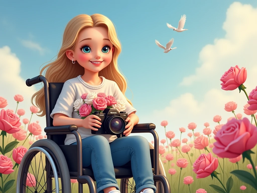 "Blonde 7-year-old, long, straight hair, brown eyes, dressed like a princess on a flower garden background."