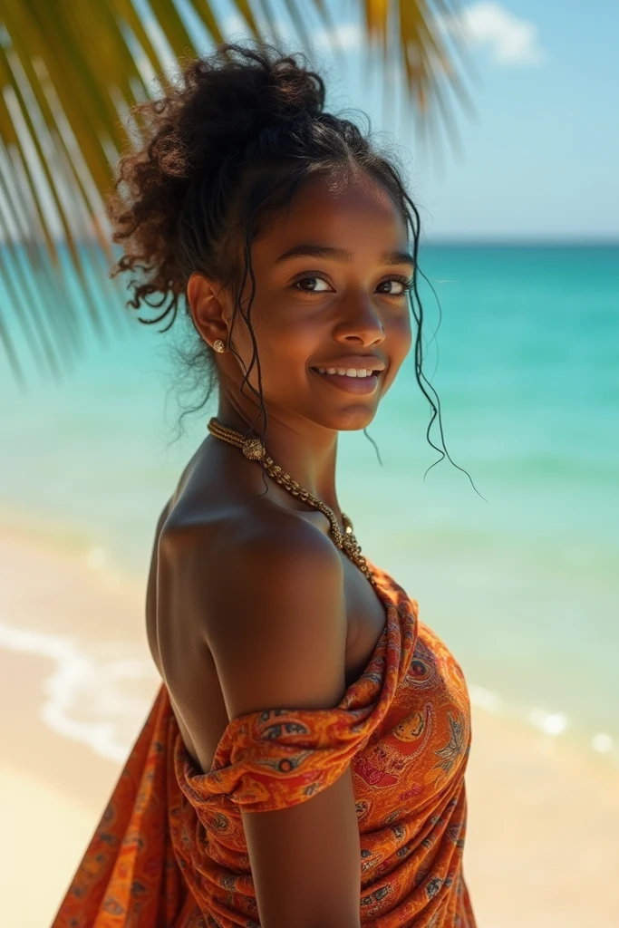 (best quality, ultra-detailed, highres, photorealistic:1.2), HDR, African girl, 10 years old, bikini, vibrant colors, natural sunlight, beautiful detailed face, curly hair, innocent smile, happy and confident expression, beach background, crystal clear water, tropical palm trees, sand, vibrant swimsuit, ethnic accessories, seashells, sun-kissed skin, joyful vibe, summer vacation, exotic location, professional photography, vivid details, perfect composition