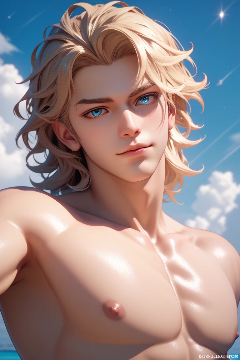  Blond man with blue eyes ,  medium length hair , naked torso,  Perfect Anatomy ,  star wanderer,  Courageous,  beautiful , 4K,  high quality,  detailed ,  masterpiece fails, anime, 2D style