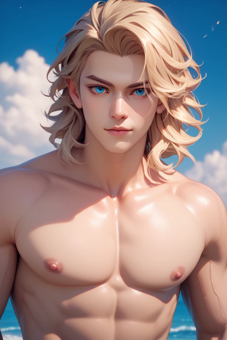  Blond man with blue eyes ,  medium length hair , naked torso,  Perfect Anatomy ,  star wanderer,  Courageous,  beautiful , 4K,  high quality,  detailed ,  masterpiece fails, anime, 2D style