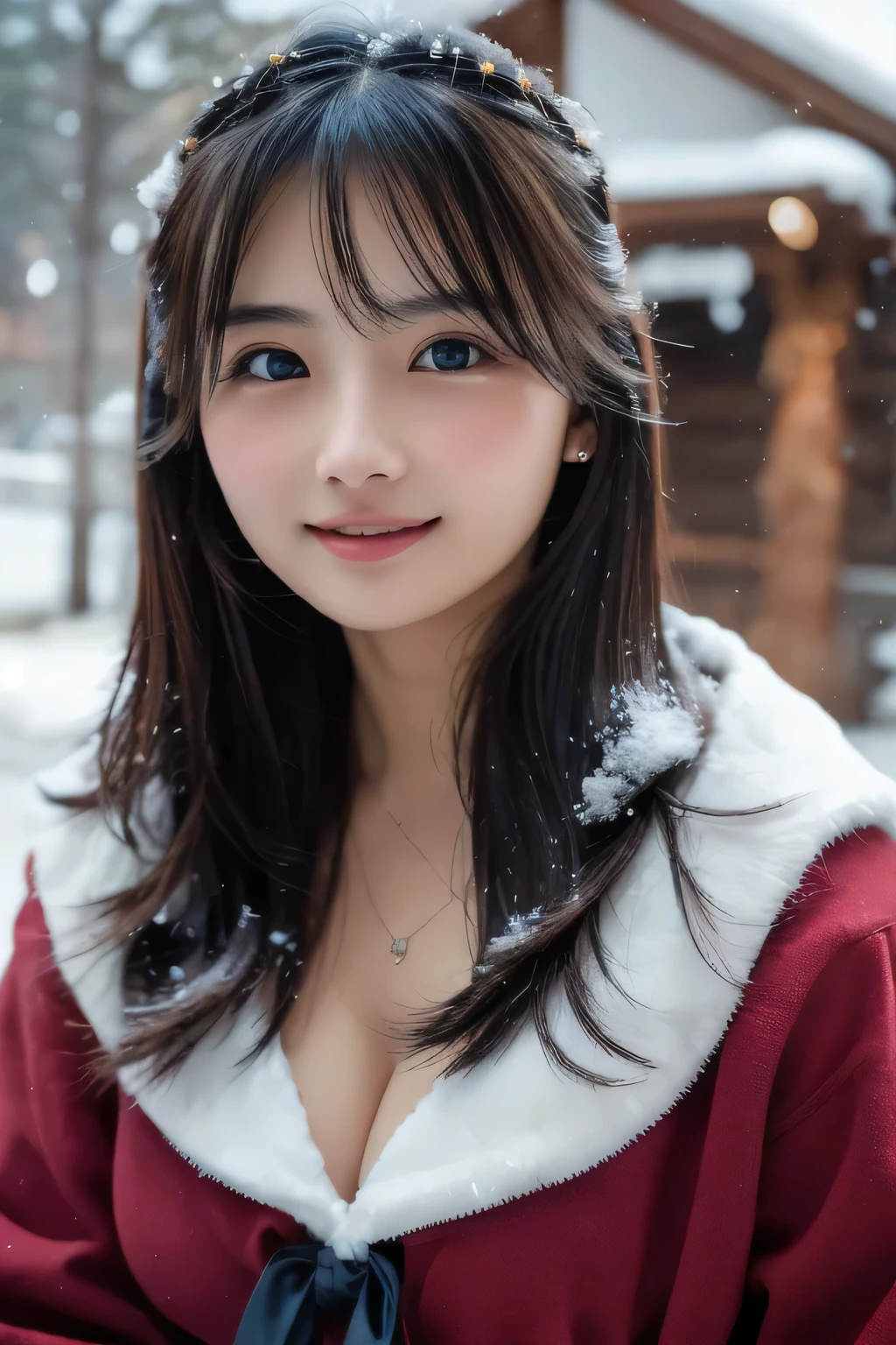   top quality、   super high resolution  、Big Breasts、   perfect face、   beautiful expression   、  facial beauty、     beautiful eyes  、  young woman 、snow、Lodge、cold、 smiles、 Christmas、tree、