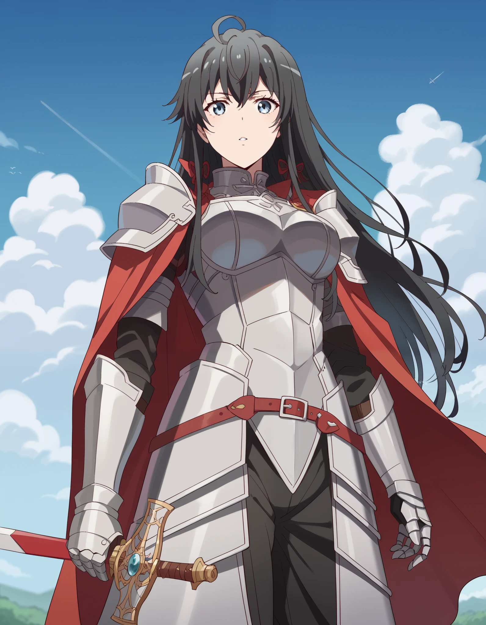 score_9, score_8_up, score_7_up, source_anime, yukino yukinoshita (Yukinoshita Yukino), yukino yukinoshita (Yukinoshita Yukino), long hair, , blue eyes, , ahoge, black hair, red ribbon, large breasts,, knight, armor, cape, sword, weapon, holding weapon, shoulder armor, gauntlets, pauldrons, red cape,, blue sky, clouds, from below, parted lips, looking at viewer