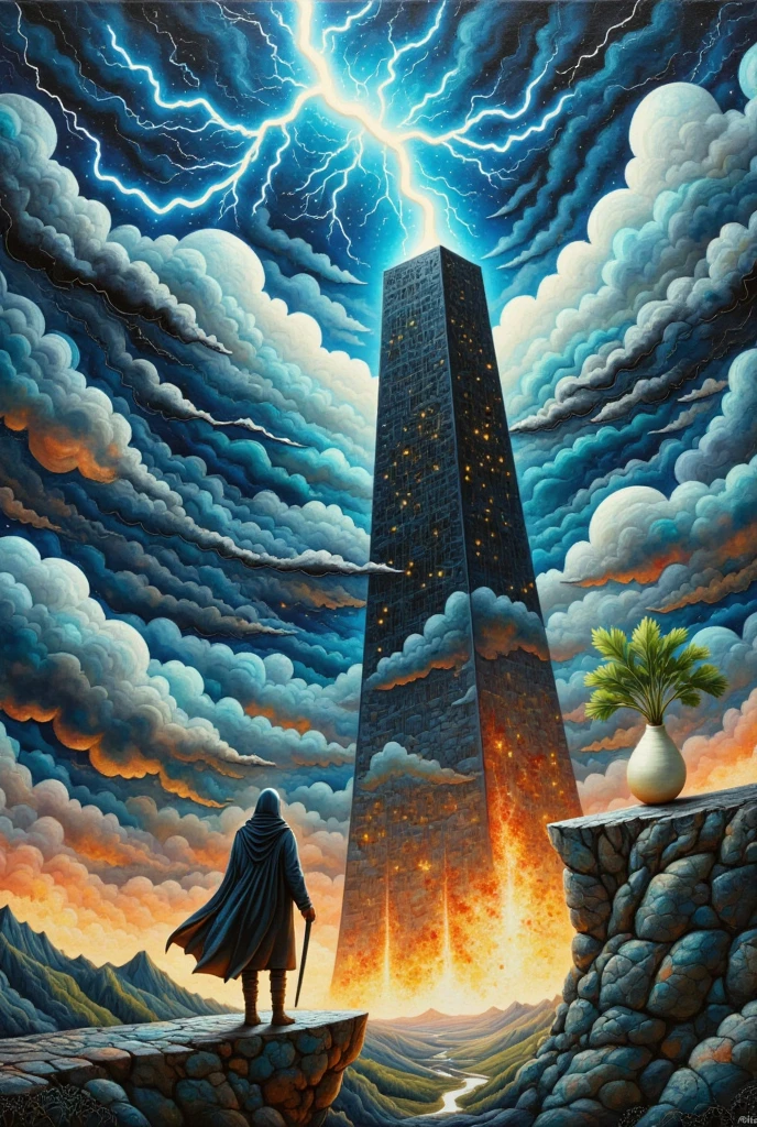  oil painting art , disaster々Shiny black tower ,  catches lightning and makes its silhouette emerge, Deep Valley ,  dark clouds can set in the sky ,  lightning falls many times from the dark clouds , ( a long round daikon stands on a cliff ,  back view,  wearing a cloak , Holding a holy sword in a short hand , Looking at the tower)