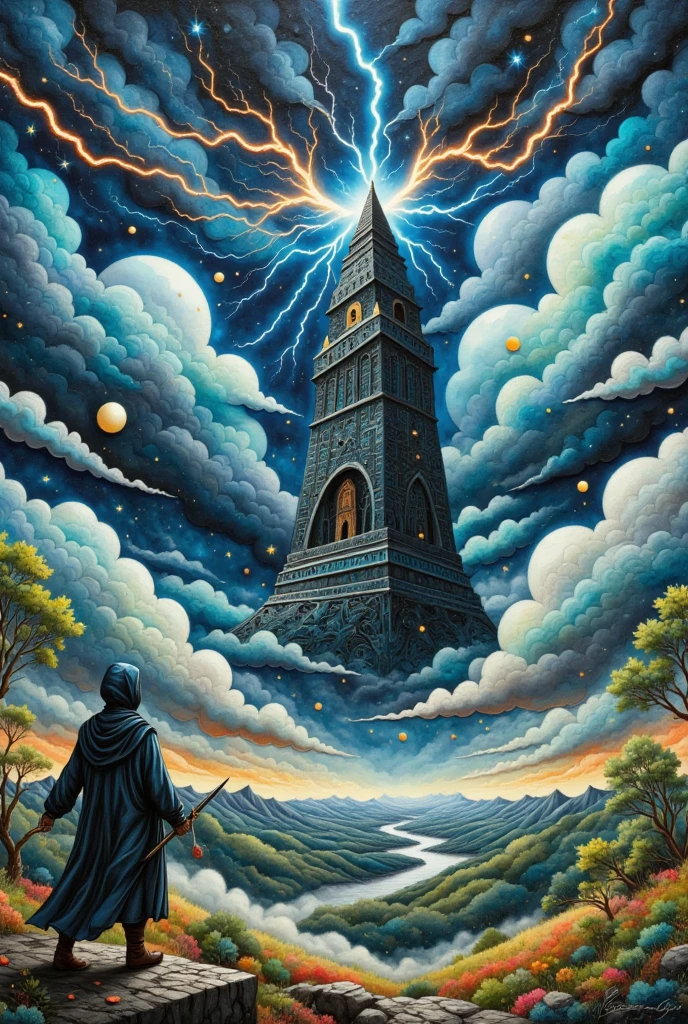  oil painting art , disaster々Shiny black tower ,  catches lightning and makes its silhouette emerge, Deep Valley ,  dark clouds can set in the sky ,  lightning falls many times from the dark clouds , ( a long round daikon stands on a cliff ,  back view,  wearing a cloak , Holding a holy sword in a short hand , Looking at the tower)