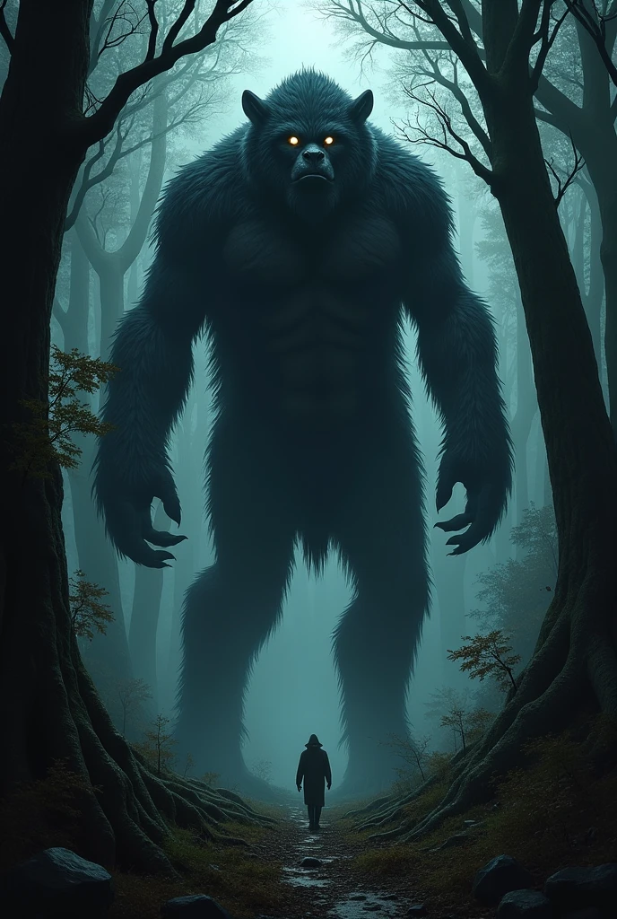 Create image of a black bear behind the a monk black bear is very big ( horror jungle)