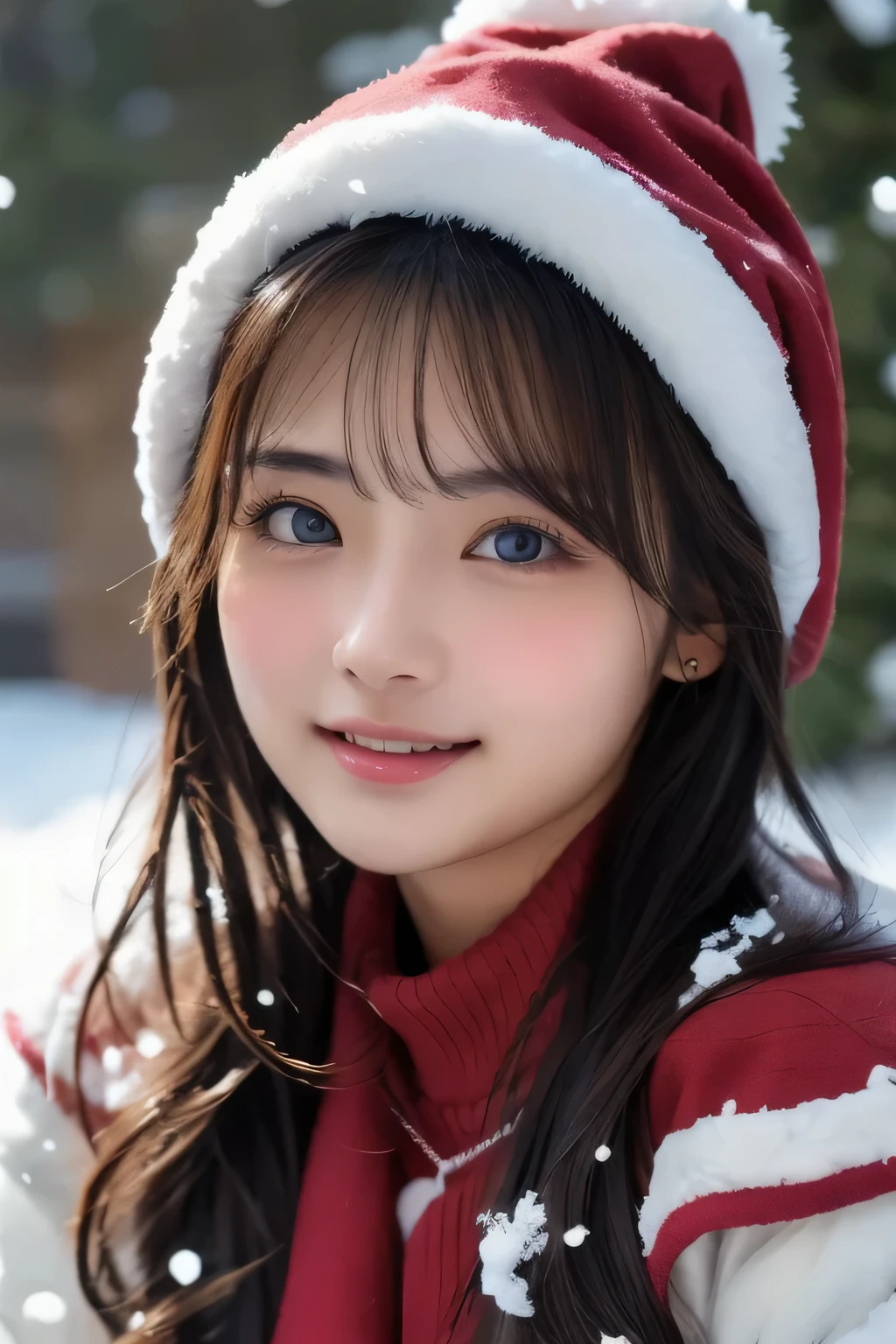   top quality、   super high resolution  、Big Breasts、   perfect face、   beautiful expression   、  facial beauty、     beautiful eyes  、  young woman 、snow、Lodge、cold、 smiles、 Christmas、tree、