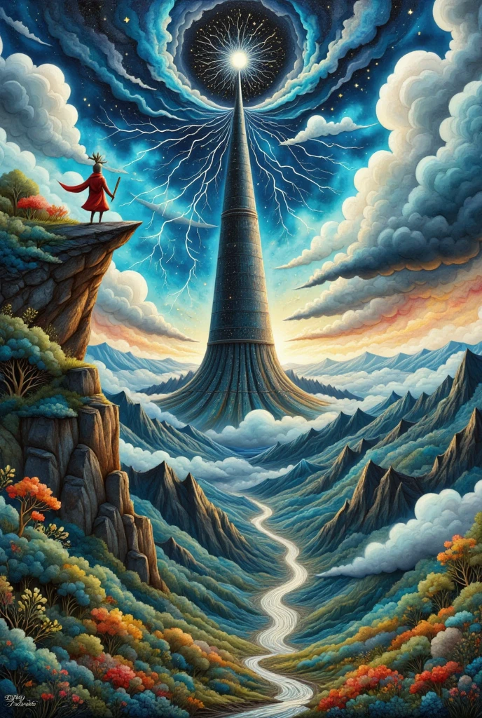  oil painting art , disaster々Shiny black tower ,  catches lightning and makes its silhouette emerge, Deep Valley ,  dark clouds can set in the sky ,  lightning falls many times from the dark clouds , (A long round daikon stands on top of a cliff with two legs,  back view,  wearing a cloak , Holding a holy sword in a short hand , Looking at the tower)