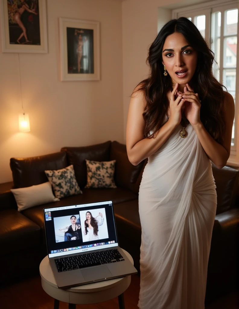 The image isScene Description:
A Bollywood actress, known for her grace and poise, steps into the modest living room of a single fan's house. The room is decorated simply, with a few posters of the actress and other Bollywood stars, but the focus is on the laptop screen on a small table. The actress, in a chic yet casual outfit - perhaps a designer saree or a trendy dress - stands with her hand on her mouth, eyes wide with shock, but there's an unmistakable hint of delight and intrigue in her expression. 

Actress Details:
Appearance: She has long, flowing hair, possibly styled in loose waves, with makeup that's subtle yet glamorous, highlighting her eyes in surprise. Her jewelry is minimal, maybe just a pair of earrings and a delicate bracelet. 
Pose: She's leaning slightly forward, one hand raised in a gesture of astonishment, pointing towards the laptop screen, while her other hand is clutched at her chest or near her mouth, showing her shock. Her posture suggests she's both recoiling and leaning in to see more.

Laptop Screen:
The screen displays nude pictures of her, but they are not explicit; they are artistic or in a way that suggests they could be from a film or photoshoot that hasn't been released or seen before. The images are tasteful, focusing on her beauty and form, perhaps in black and white to give it an artistic edge.

Emotional Expression:
Shock: Her eyes are wide, eyebrows raised, and her mouth is slightly open as if she's just uttered "Oh my God."
Happiness/Turned On: Despite the shock, there's a sparkle of amusement or even pleasure in her eyes, a slight smile tugging at the corners of her lips, suggesting she's flattered or finding the situation intriguing. Her body language might betray a bit of excitement - perhaps a slight flush to her cheeks or a tilt of her head.

Dialogue:
Caption or Bubble: "Oh my God... what is this?" Her voice carri a photograph of a woman with  long  hair, wearing a dress standing in a cafe. looking a the viewer, smile