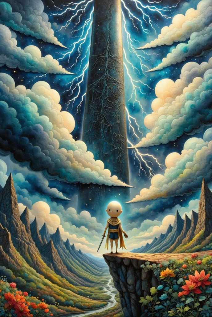  oil painting art , disaster々Shiny black tower ,  catches lightning and makes its silhouette emerge, Deep Valley ,  dark clouds can set in the sky ,  lightning falls many times from the dark clouds , (A long round daikon stands on top of a cliff with two legs, Daikon no Hero,  back view,  wearing a cloak , Holding a holy sword in a short hand , Looking at the tower)