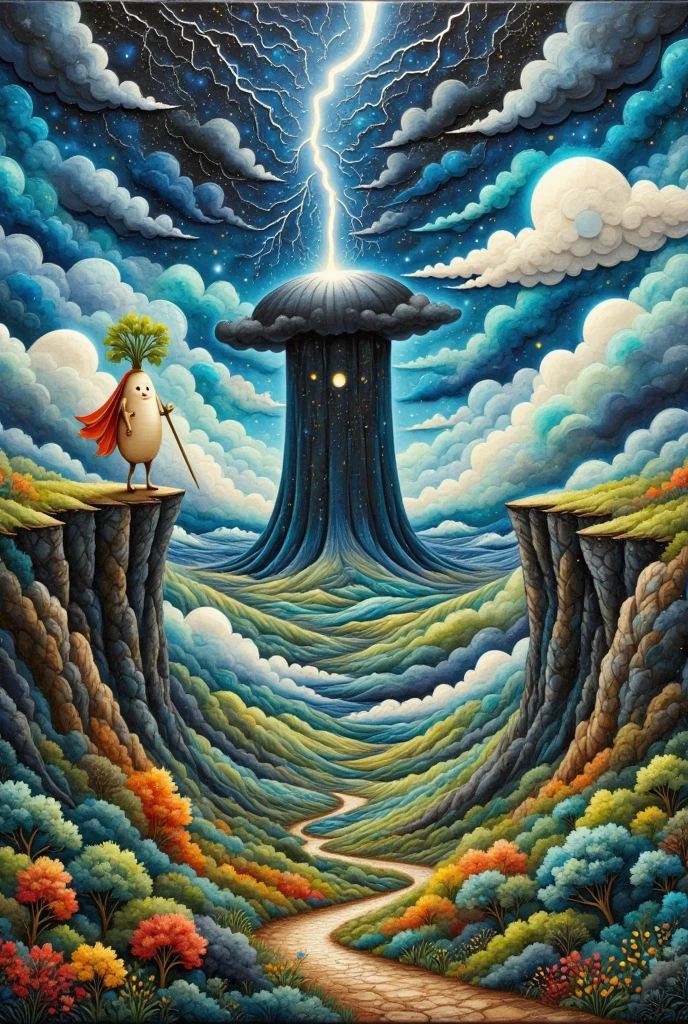  oil painting art , disaster々Shiny black tower ,  catches lightning and makes its silhouette emerge, Deep Valley ,  dark clouds can set in the sky ,  lightning falls many times from the dark clouds , (A long round daikon stands on top of a cliff with two legs, Daikon no Hero,  back view,  wearing a cloak , Holding a holy sword in a short hand , Looking at the tower)