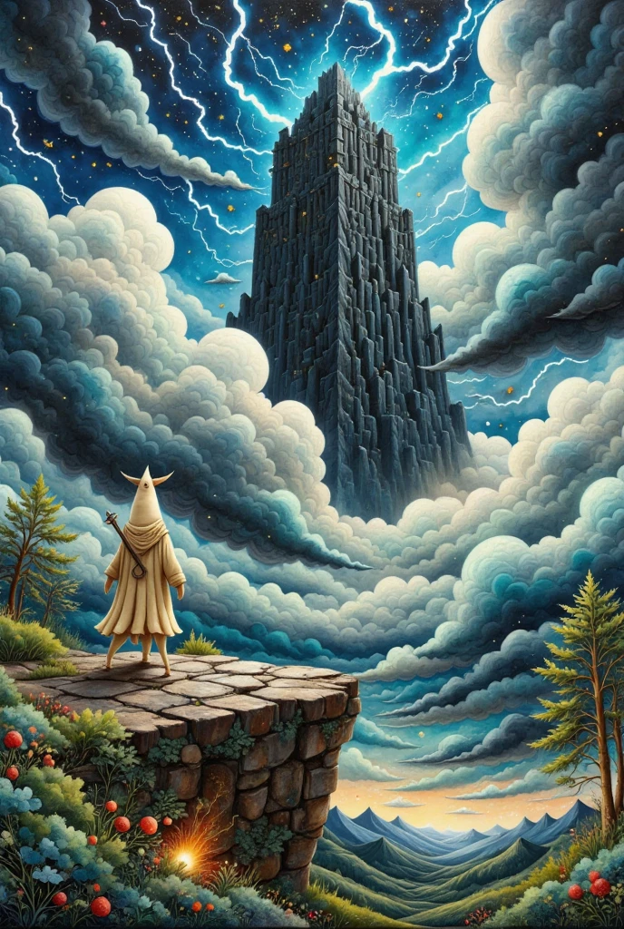  oil painting art , disaster々Shiny black tower ,  catches lightning and makes its silhouette emerge, Deep Valley ,  dark clouds can set in the sky ,  lightning falls many times from the dark clouds , (A long round daikon stands on top of a cliff with two legs, Daikon no Hero,  back view,  wearing a cloak , Holding a holy sword in a short hand , Looking at the tower)