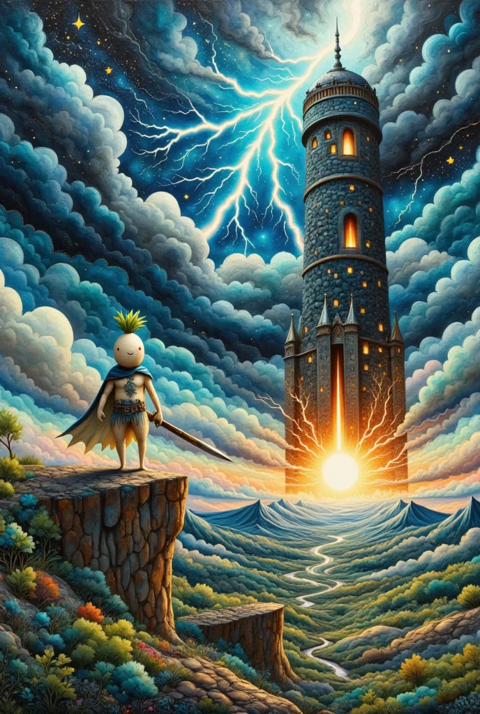  oil painting art , disaster々Shiny black tower ,  catches lightning and makes its silhouette emerge, Deep Valley ,  dark clouds can set in the sky ,  lightning falls many times from the dark clouds , (A long round daikon stands on top of a cliff with two legs, Daikon no Hero,  back view,  wearing a cloak , Holding a holy sword in a short hand , Looking at the tower)