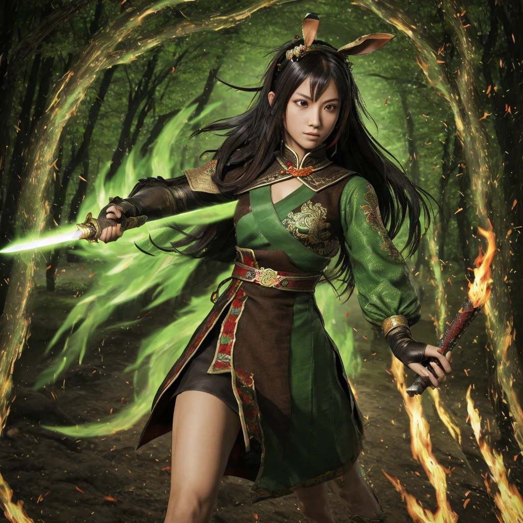 Guan Yinping, fight,Take a long sword,assassin,flame,flame,happy, black发, brown eyes, hair accessories, hair flower, Green roof, looking at the audience, forest, Half body, holding card, black, eternal, 上Half body，Cherry blossoms,river,rabbit,flaming Phenix