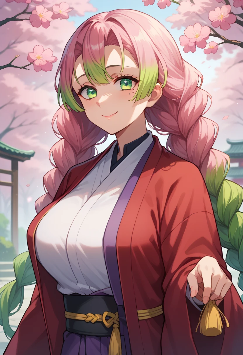 beautiful, (best quality, masterpiece, super detailed: 1.5), perfect lighting, shiny, hires, nature, cobblestone, steam, blue sky, in the distance, whole body, face focus, 1girl, Mitsuri (demon slayer), beautiful girl, beautiful face ((Mitsuri (demon slayer))), a girl with long green-pink gradient hair and green eyes in a long-sleeved jacket with a neckline, white haori, a black skirt with a silver belt and green striped hips, pink hair, green hair, gradient hair, multicolored hair, long hair, bangs, double braids, green eyes, demon slayer uniform, long sleeve jacket, white haori, black skirt, silver belt, green striped thighs, blush, sweat, realistic, chest, wide hips, (thick barbells: 0.9), décolleté, standing, hands behind your back, viewer look, erotica