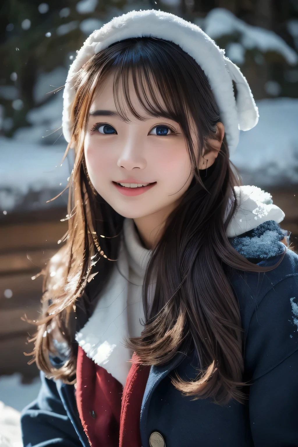   top quality、   super high resolution  、Big Breasts、   perfect face、   beautiful expression   、  facial beauty、     beautiful eyes  、  young woman 、snow、Lodge、cold、 smiles、 Christmas、tree、Kiss