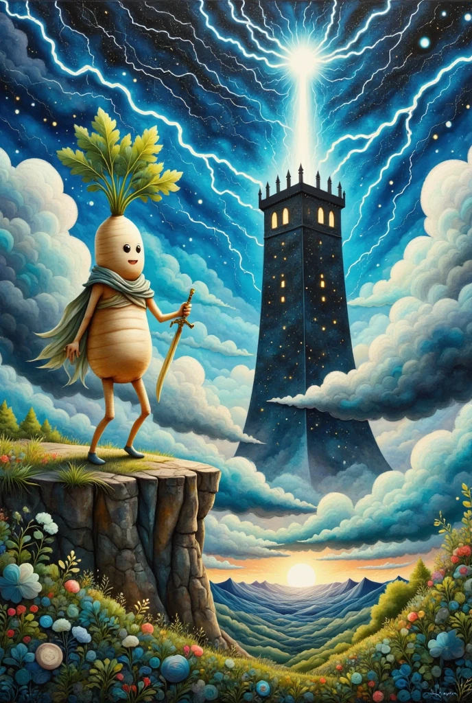  oil painting art , disaster々Shiny black tower ,  catches lightning and makes its silhouette emerge, Deep Valley ,  dark clouds can set in the sky ,  lightning falls many times from the dark clouds , (A long round daikon stands on top of a cliff with two legs, Daikon no Hero,  back view:1.45,  wearing a cloak , Holding a holy sword in a short hand , Looking at the tower)