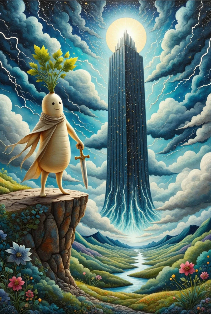  oil painting art , disaster々Shiny black tower ,  catches lightning and makes its silhouette emerge, Deep Valley ,  dark clouds can set in the sky ,  lightning falls many times from the dark clouds , (A long round daikon stands on top of a cliff with two legs, Daikon no Hero,  back view:1.45,  wearing a cloak , Holding a holy sword in a short hand , Looking at the tower)