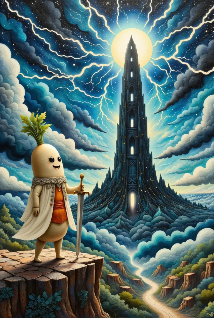  oil painting art , disaster々Shiny black tower ,  catches lightning and makes its silhouette emerge, Deep Valley ,  dark clouds can set in the sky ,  lightning falls many times from the dark clouds , (A long round daikon stands on top of a cliff with two legs, Daikon no Hero,  back view:1.45,  wearing a cloak , Holding a holy sword in a short hand , Looking at the tower)