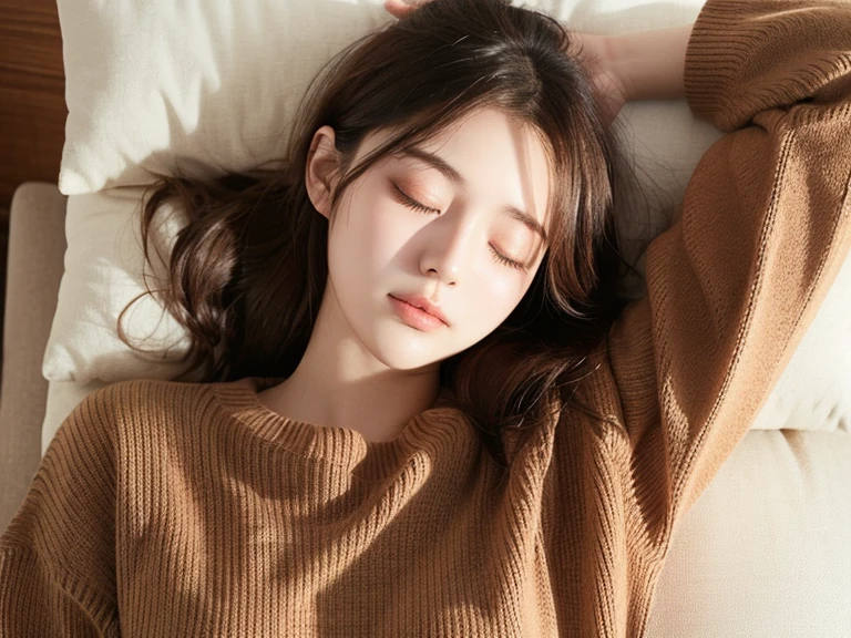 20 year old girl、Deep sleep、Open the opening slightly when wearing a sweater,  closed eyes,  frowns, Sleeping Position、 high definition ,  anatomically correct, 最 High Quality ,  High Definition Model ,  high detail,  inviting ,  High Quality , 