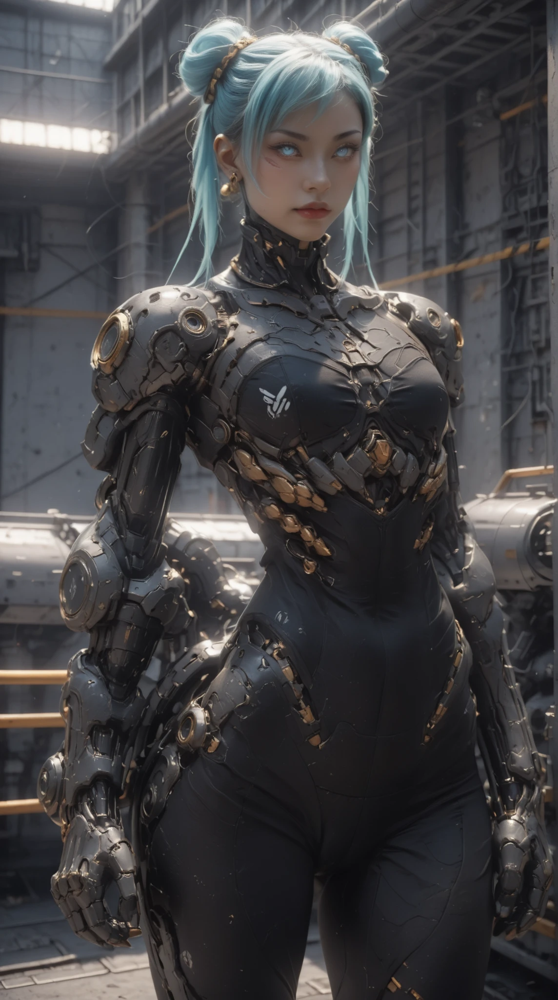 (nsfw:1), (Uncensored:1), score_9, score_8_up, score_7_up, (Three Quarters Shot), (1 girl), (Cyborg Chun-Li), beautiful teenage (skinny) muscular Asian cyborg girl, (bio-mecha:1.25), (mechanical Cyborg arms:1.65), (mechanical Cyborg jaw:1.25), ((skinny waist & torso:1.5)),  (blue glowing eyes:1.25), (black sclera:1.25), (beautiful face:1.25), (flat chest:1.25), (blue glowing hair:1.25), metallic, circuits, cables, bimbo lips, 2 hair buns,  high res, standing, hand bands, hand on hip, looking to the side, camel-toe,  gothic neon style, cyber punk style, super realistic image, arm0rpunkv4, CyberRealistic_Negative_PONY