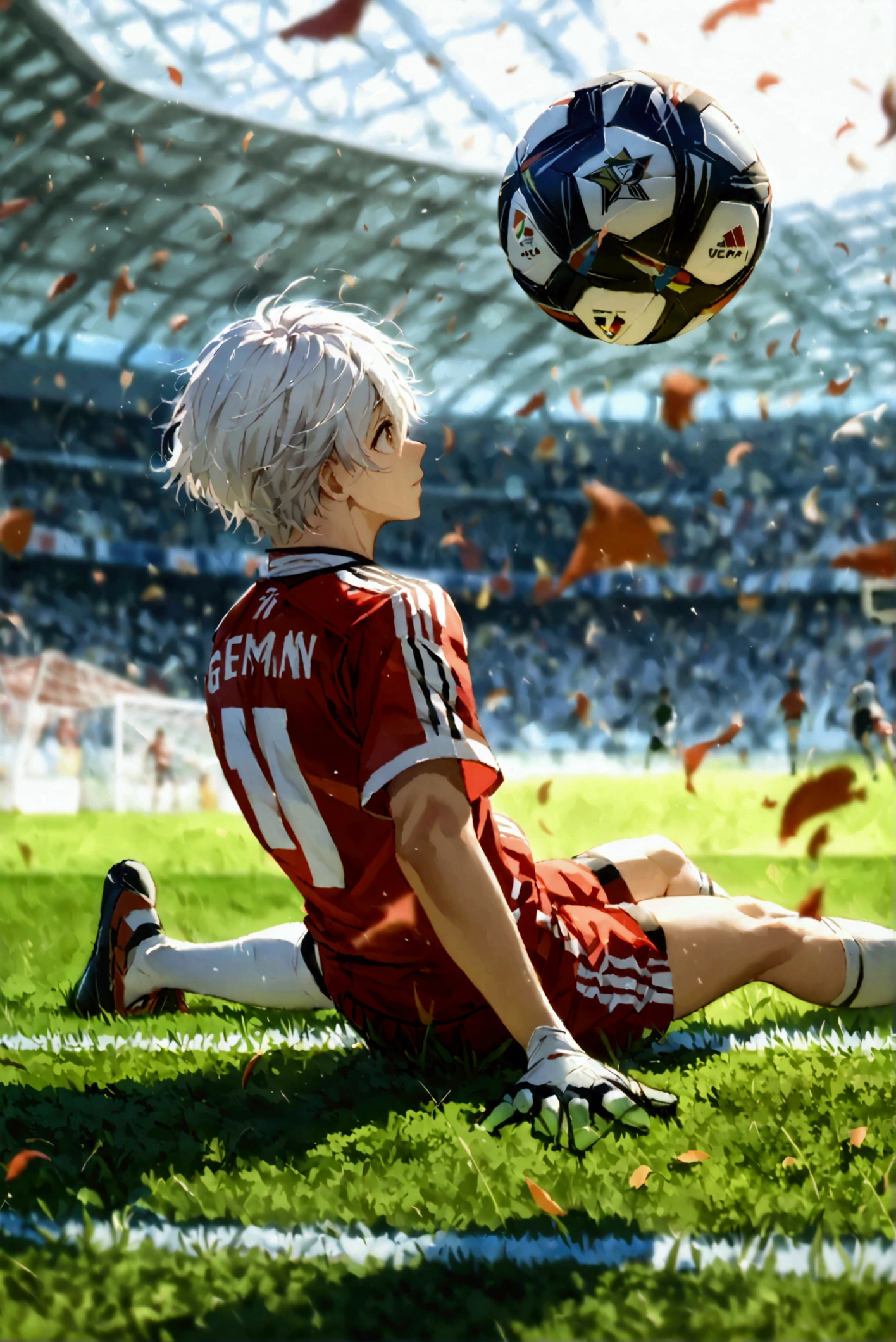 Make a character with white hair and brown eyes wearing the clothes of the Japanese national team making an acrobatic movement in the air with your back to the ground and raising your kicking foot towards the ball, resulting in a shot on goal where the goalkeeper is unable to catch, make the goalkeeper's uniform being from the German national team 